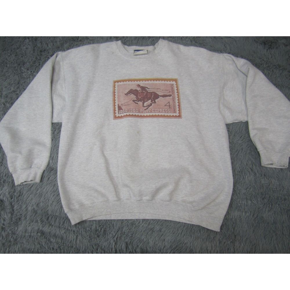 VTG Hanes Sweater Mens Gray Large Pony Express Graphic Print Pullover Sweatshirt